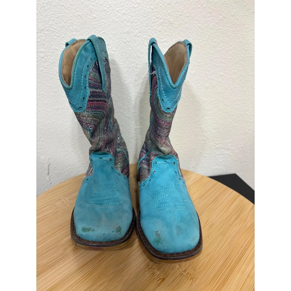 Roper Boots Girl Toddler 10 Glitter Swirl Blue Western Cowboy Sparkly Faux Suede